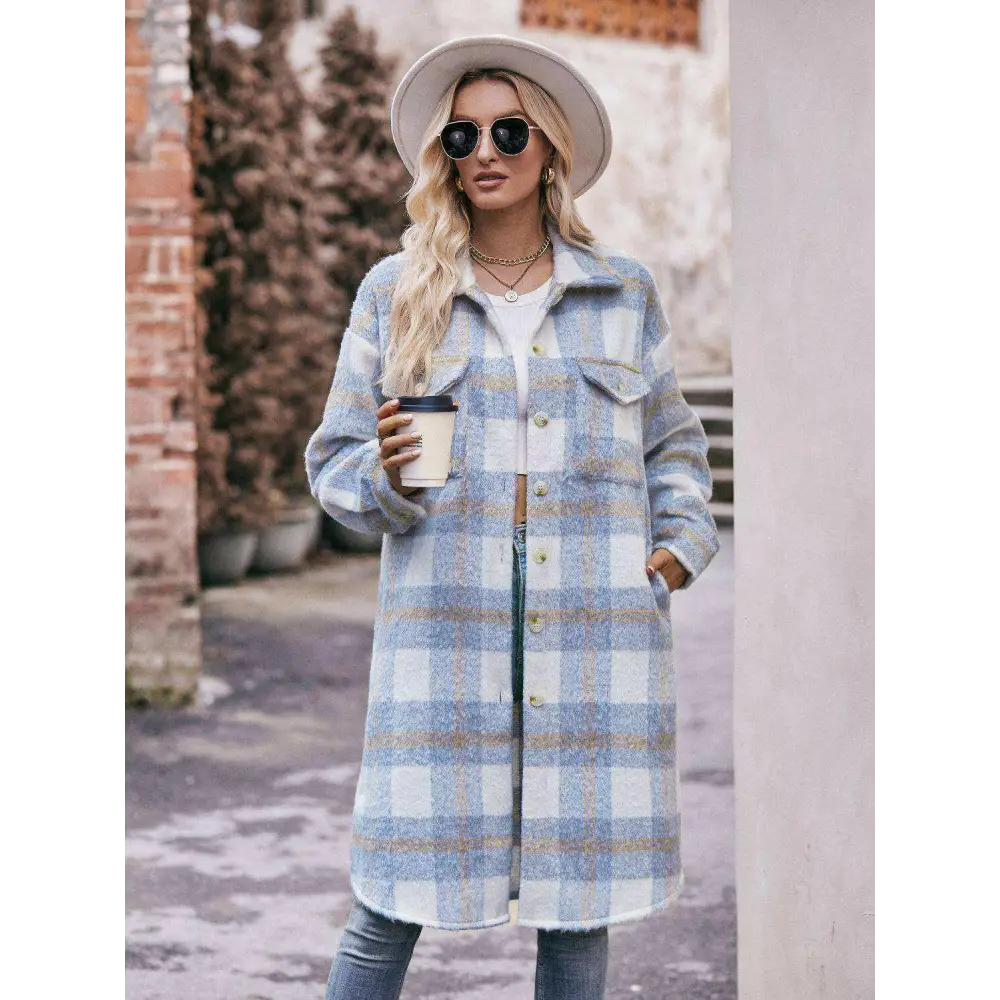 Elevate your wardrobe with the mandy plaid slit coat in luxury fashion $44 buttoned, pocketed - elevate your style