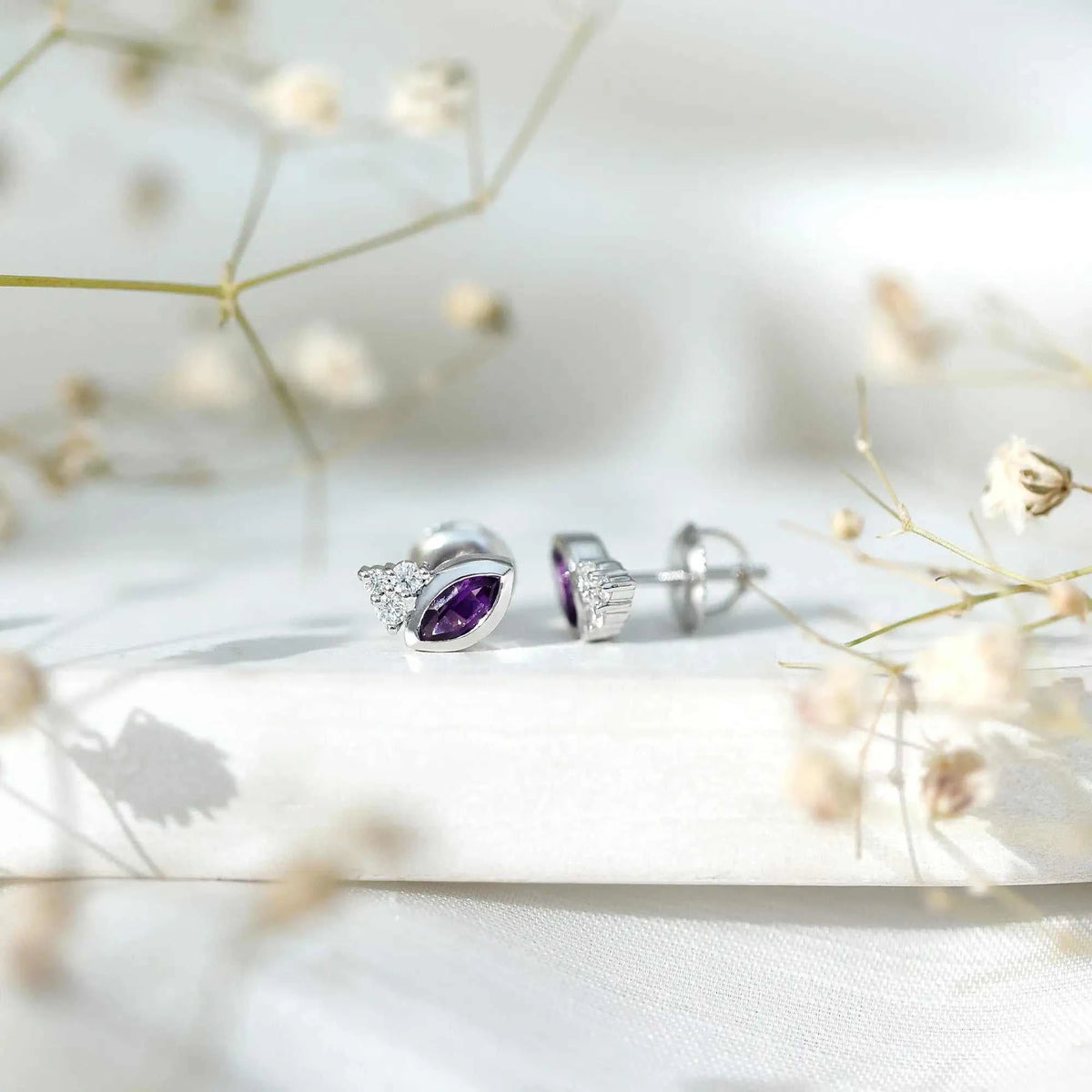 Marquise Cut Amethyst Stud Earrings with Diamond in Sterling Silver