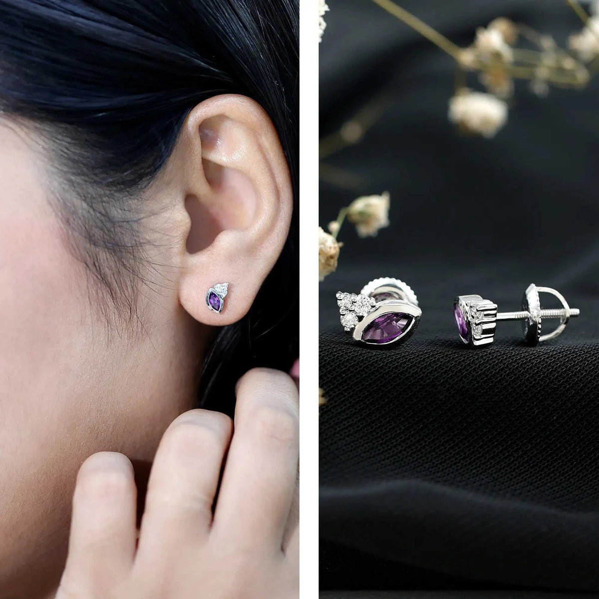 Marquise Cut Amethyst Stud Earrings with Diamond in Sterling Silver