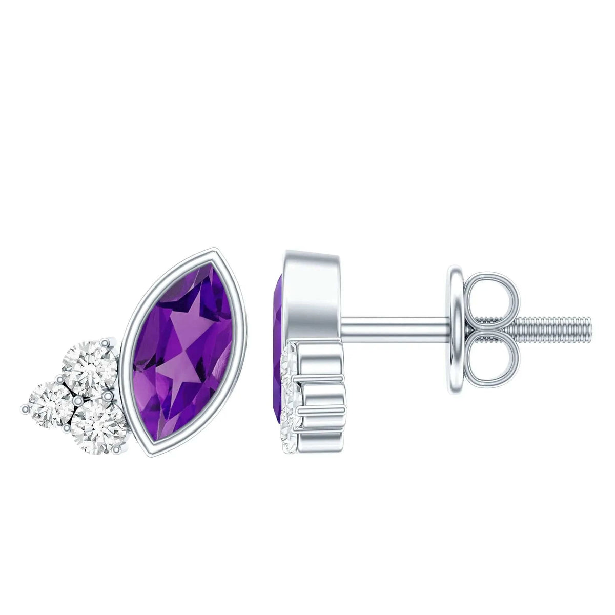 Marquise Cut Amethyst Stud Earrings with Diamond in Sterling Silver