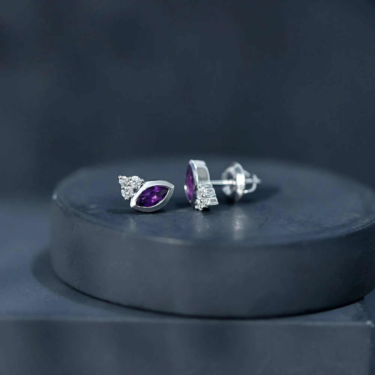 Marquise Cut Amethyst Stud Earrings with Diamond in Sterling Silver