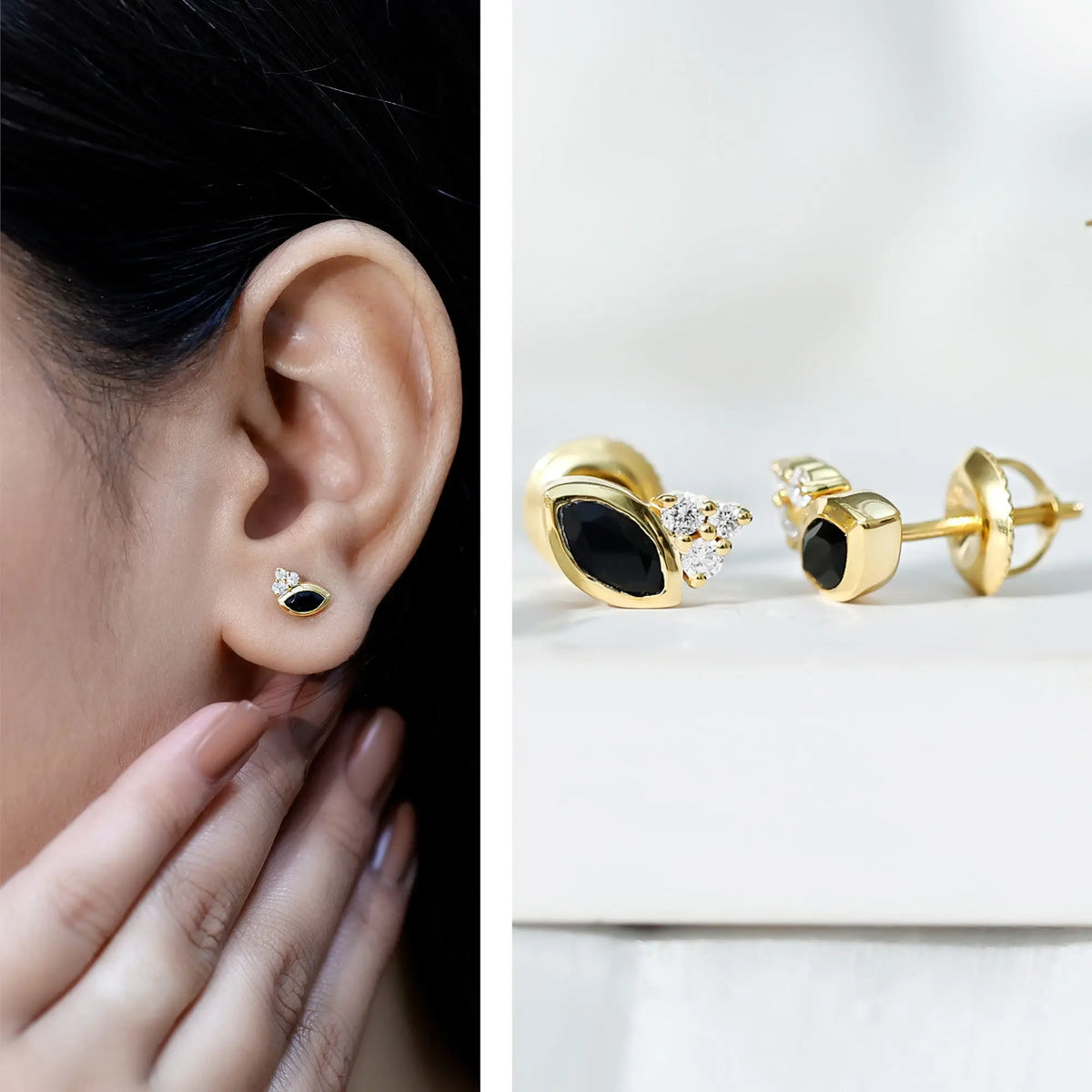 Marquise Shape 0.7 Carat Lab Grown Black and White Diamond Stud Earrings