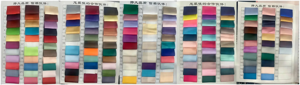 Fabric swatches in various colors and shades displayed in numbered grid panels, showcasing a wide array of satin materials for custom maternity gowns