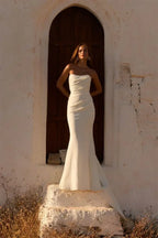 Maternity Mermaid Wedding Dress in white silk satin featuring a strapless neckline, sleeveless design, and fitted mermaid silhouette