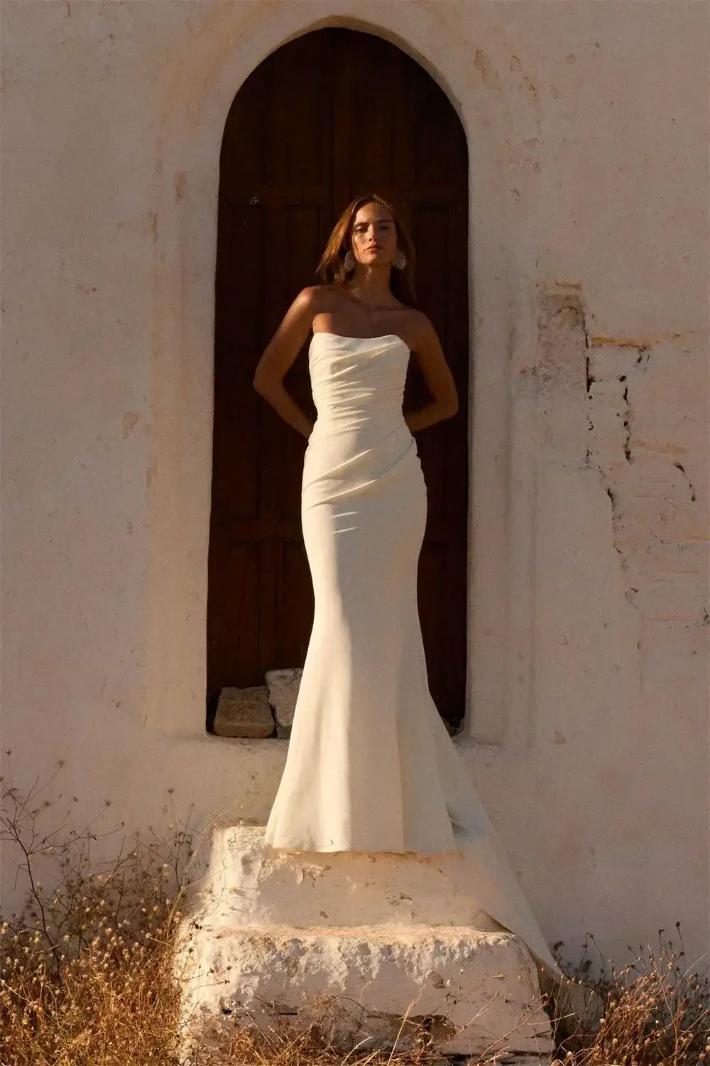 Maternity Mermaid Wedding Dress in white silk satin featuring a strapless neckline, sleeveless design, and fitted mermaid silhouette