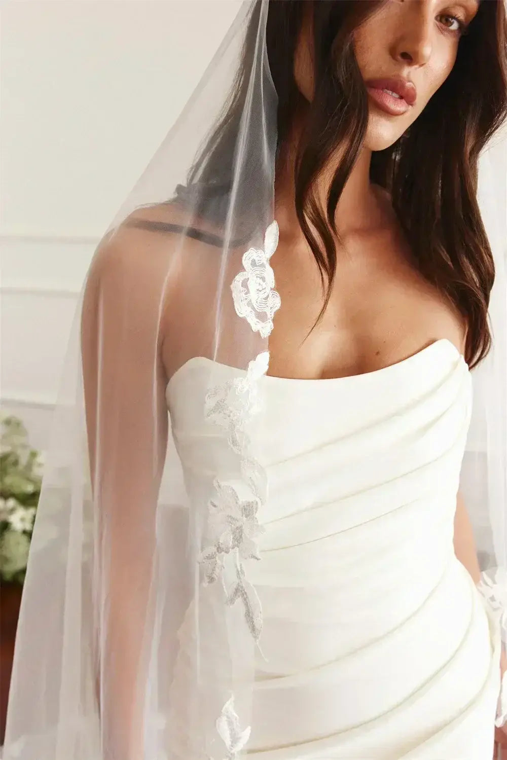 Maternity Mermaid Wedding Dress strapless white silk satin gown with delicate floral appliques and a sheer veil