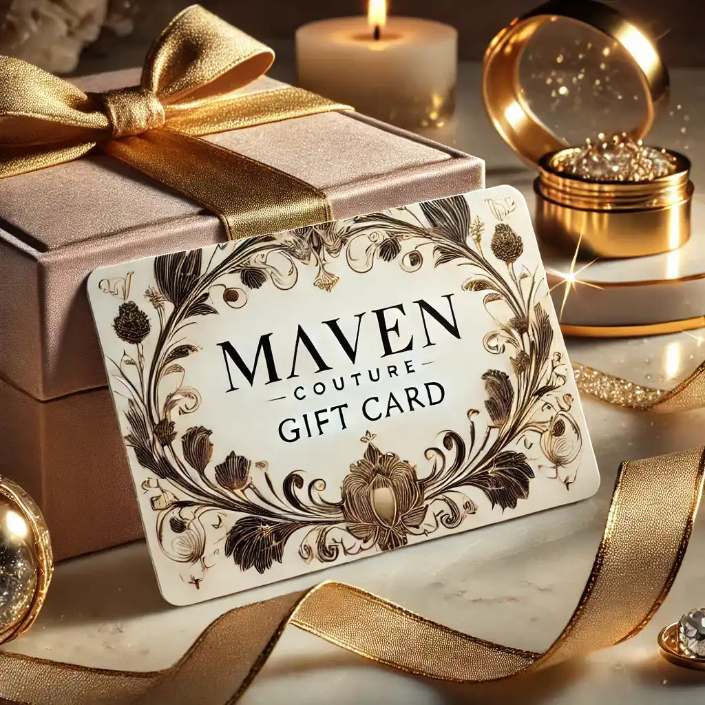 Maven Couture gift card with ornate black floral designs on a white background.