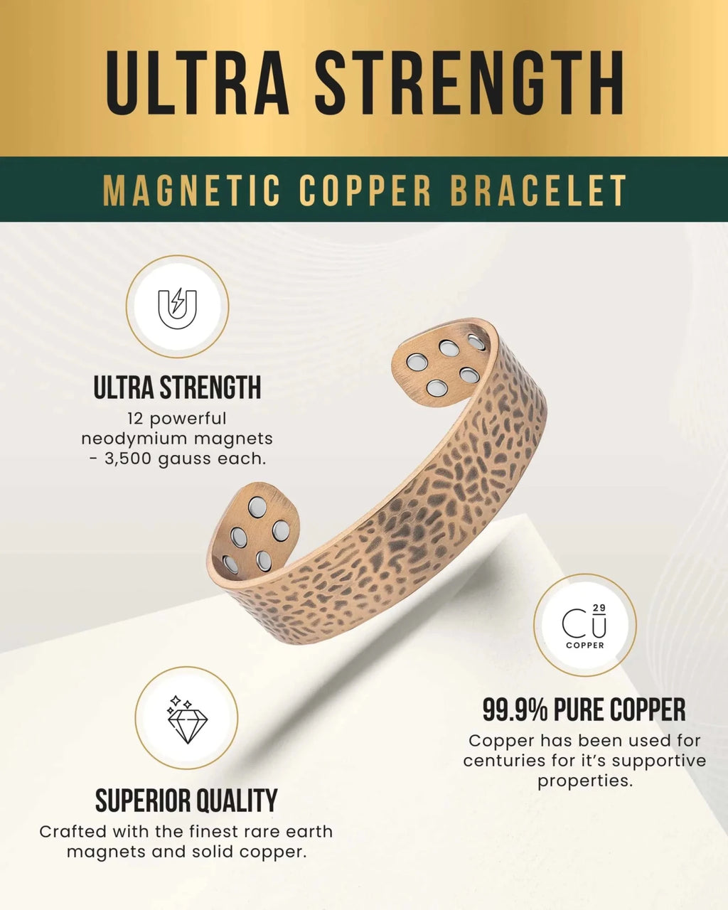 Mega Strength Magnetic Therapy Bracelet Wide Hammered Copper Cuff - Maven Couture IncBracelet