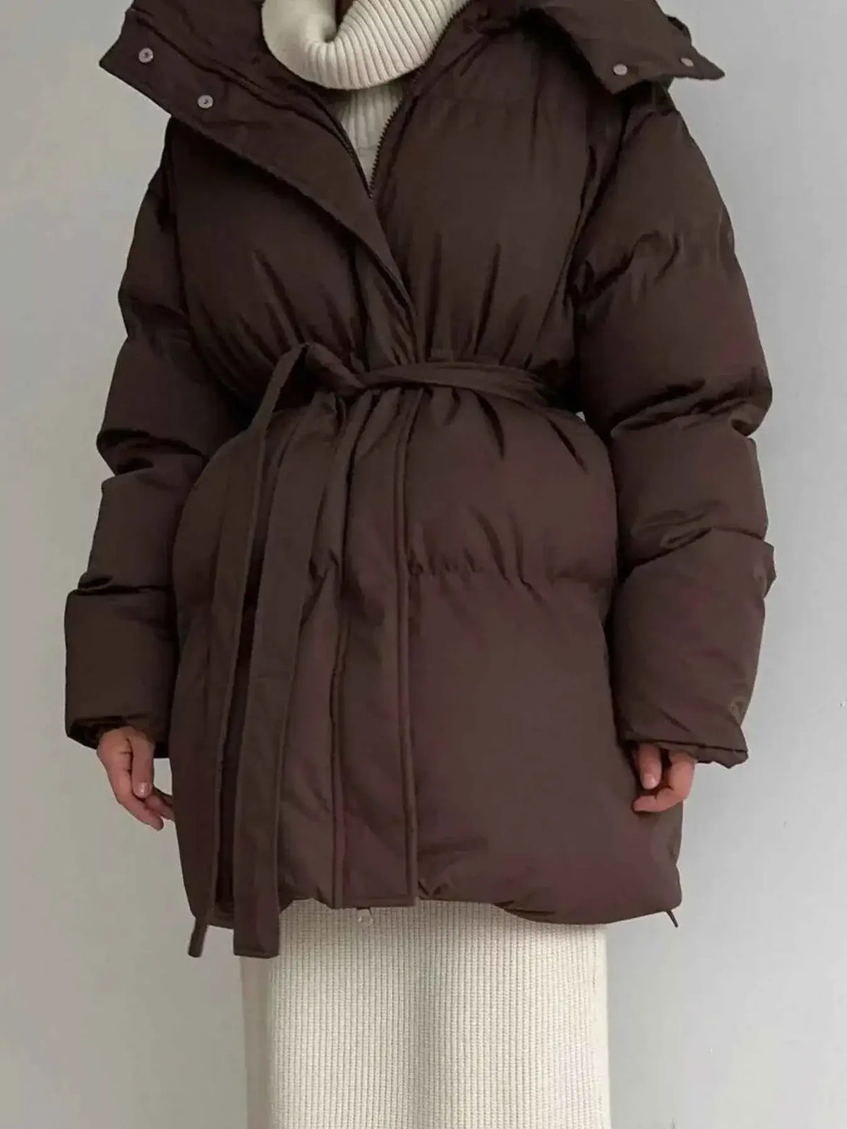 Mid-Length Thickened Hooded Winter Coat with Belted