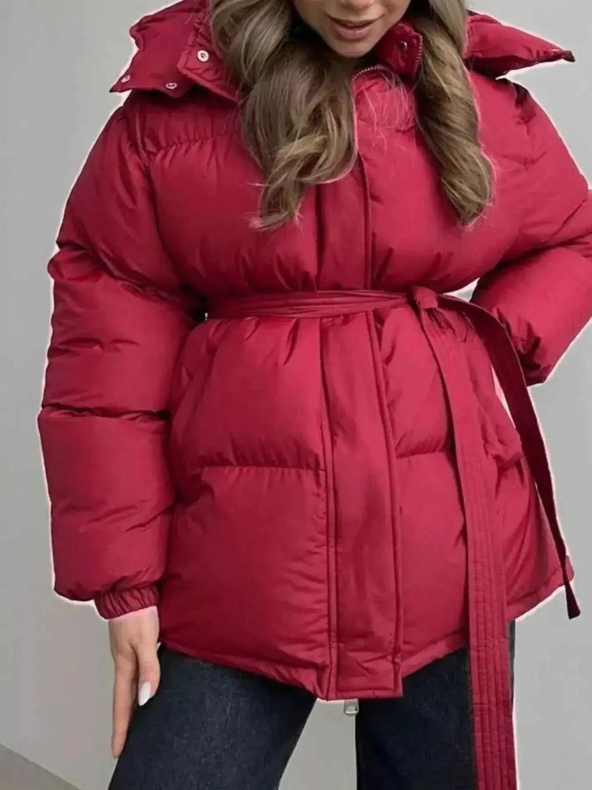 Mid-Length Thickened Hooded Winter Coat with Belted