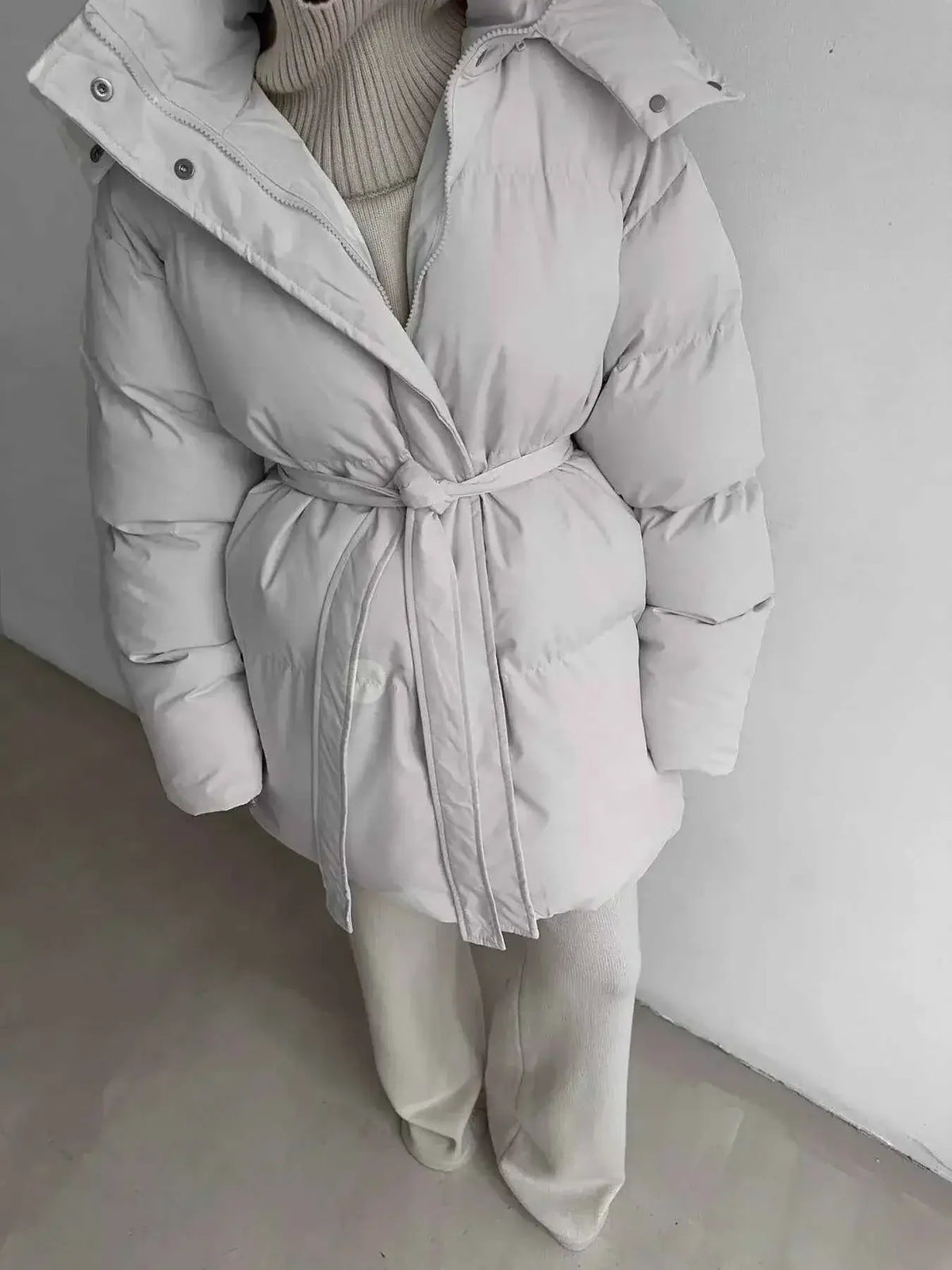 Mid-Length Thickened Hooded Winter Coat with Belted