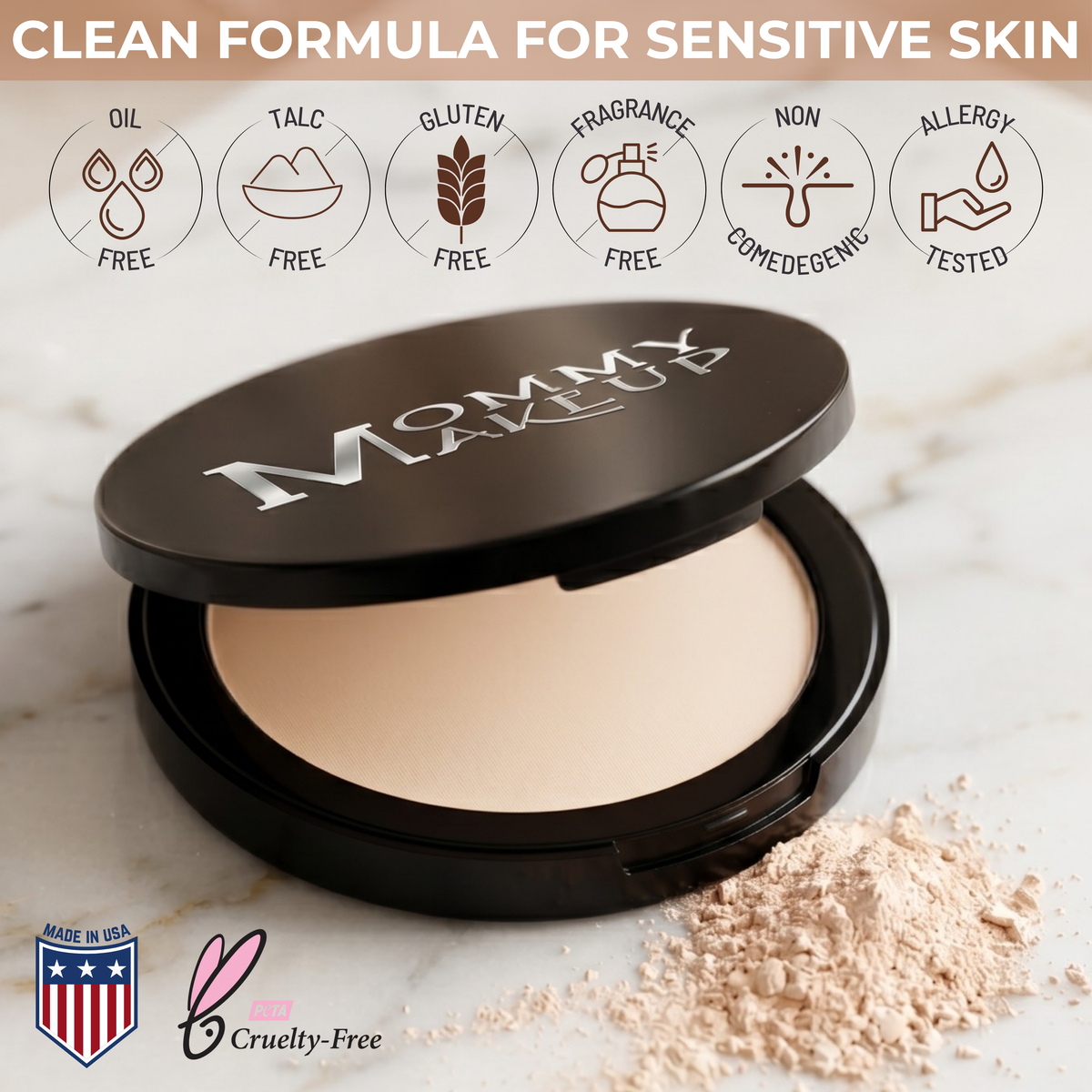 Mineral Dual Powder Foundation in smooth beige pressed powder with a black compact case and some loose powder beside it