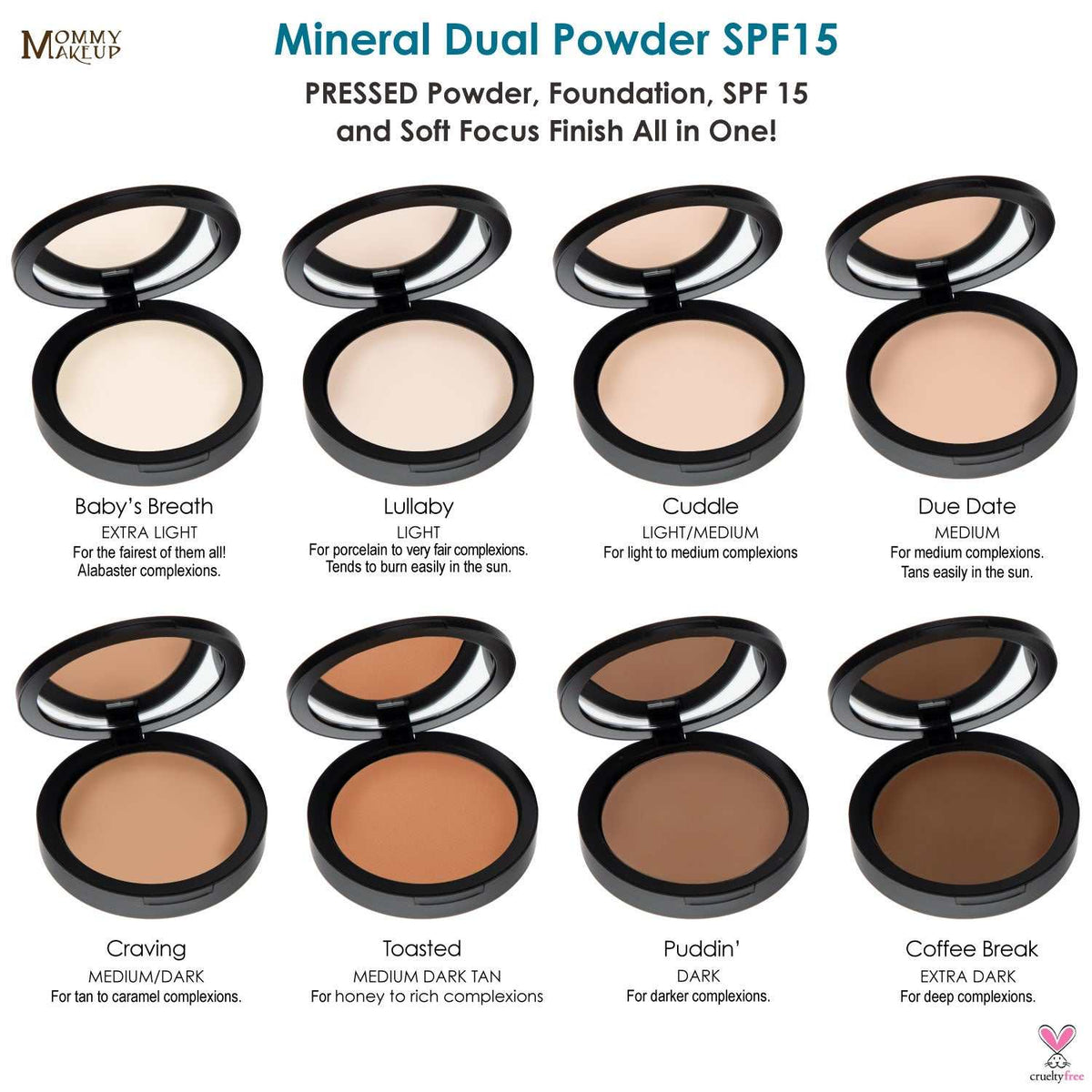 Mineral Dual Powder Foundation compact series in eight shades from extra light to extra dark with smooth matte finish and black packaging