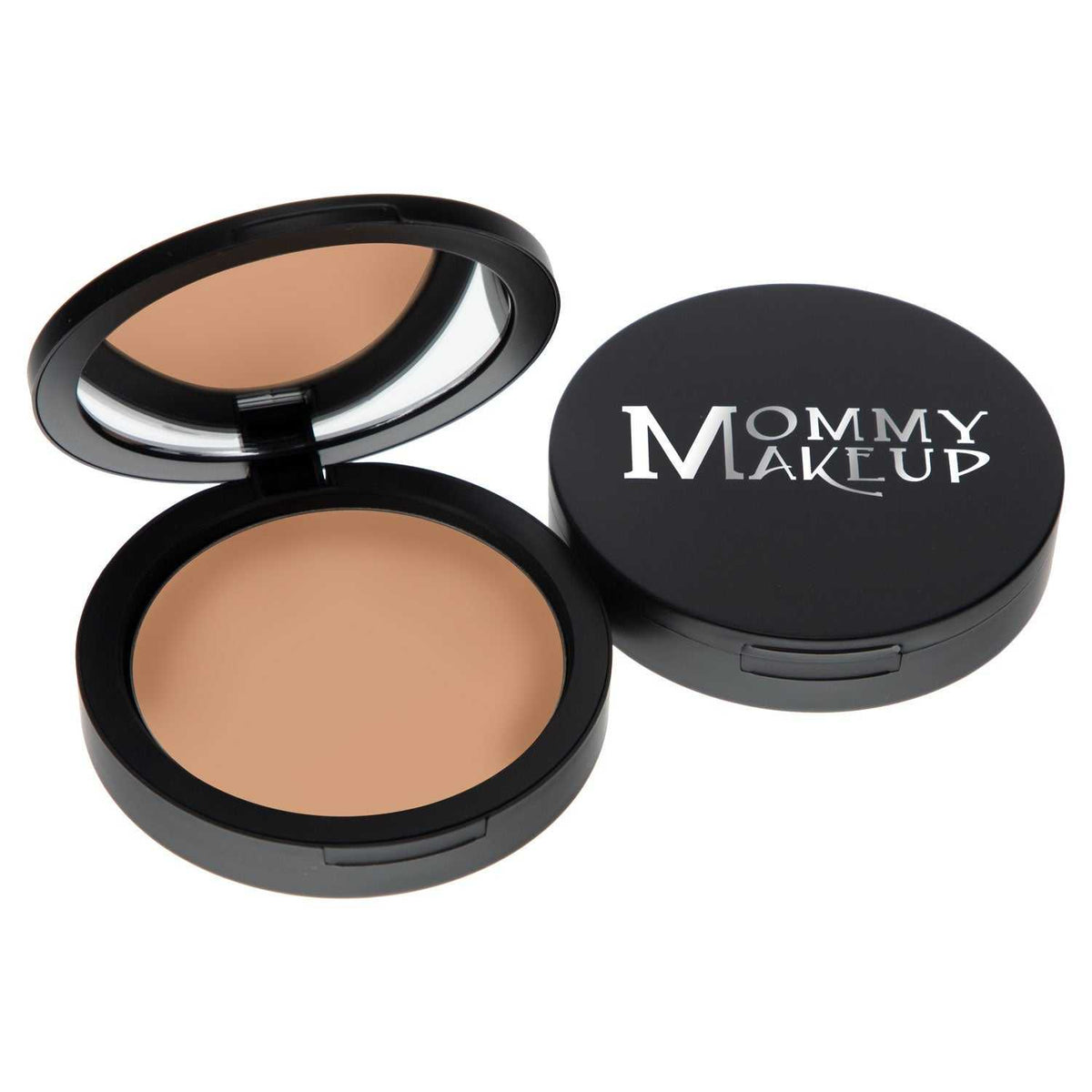 Mineral Dual Powder Foundation in medium dark shade with black compact case and built-in mirror, cream beige tone