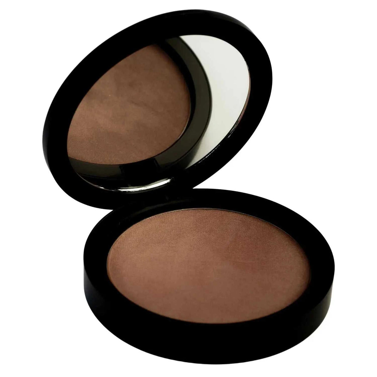 Black compact case of mineral multi-master bronzing powder with matte finish and round mirror talc-free bronzer for subtle golden glow