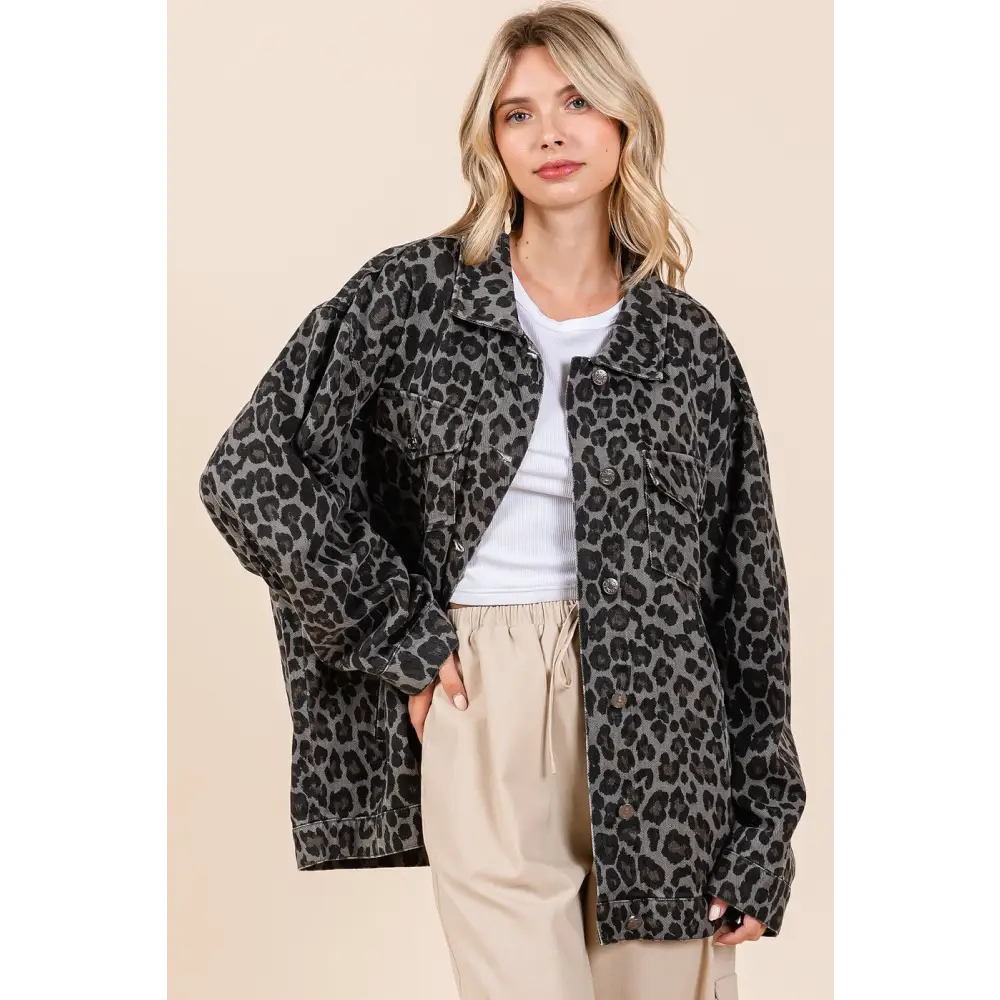 Leopard button up denim shacket in luxury fashion for women $50.82 introducing the leopard button up denim shacket