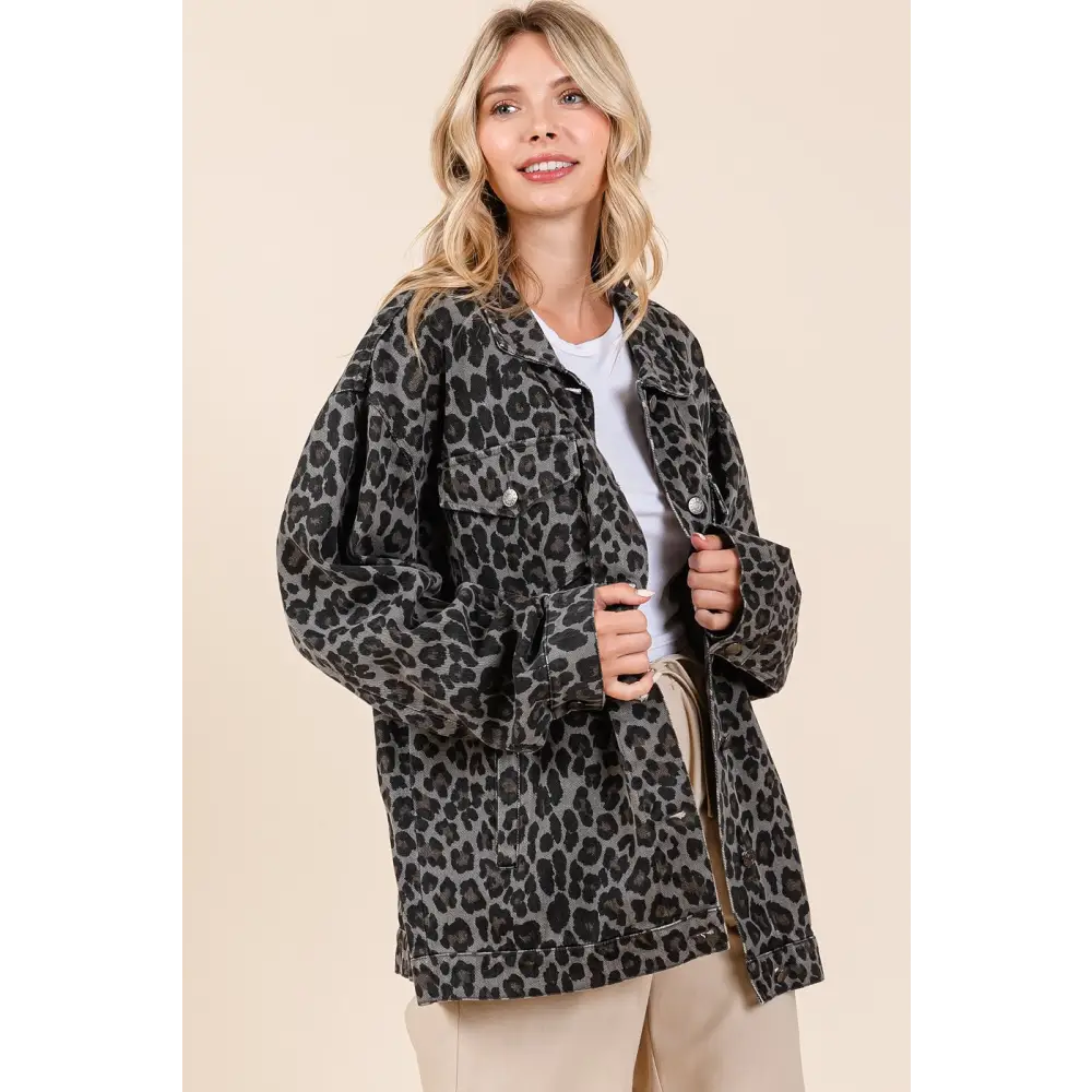 Leopard button up denim shacket in luxury fashion for women $50.82 introducing the leopard button up denim shacket