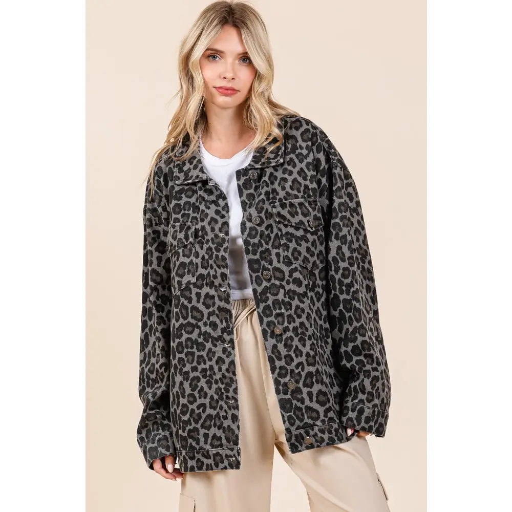 Leopard button up denim shacket in luxury fashion for women $50.82 introducing the leopard button up denim shacket