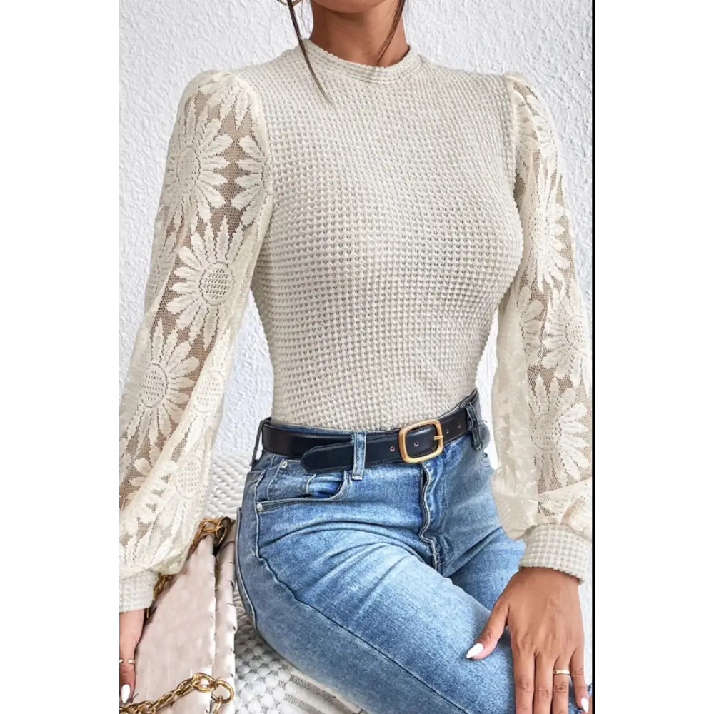 Elevate your wardrobe with the luxury mock neck lace long sleeve top $19.99 lace detail - an exquisite addition