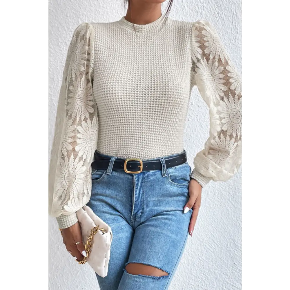 Elevate your wardrobe with the luxury mock neck lace long sleeve top $19.99 lace detail - an exquisite addition