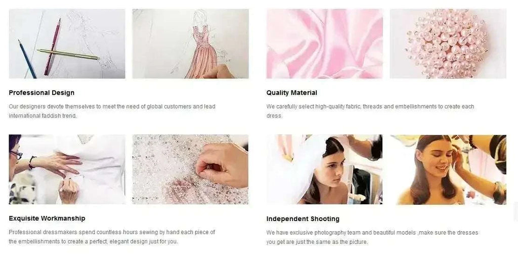 Modern Wedding Dresses craftsmanship collage showing sketches, pink fabric, beadwork, and styling with models