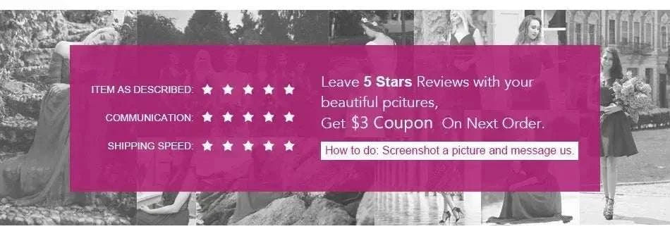 Promo banner offering $3 coupon for 5 stars review with beautiful pictures, featuring rating stars and instructions