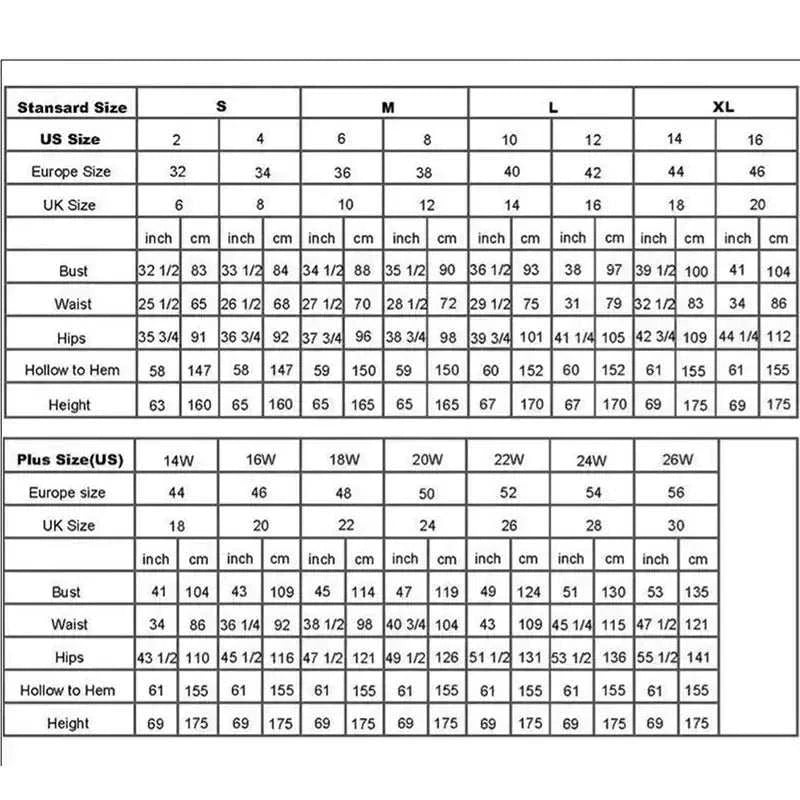 Size chart for Modern Wedding Dresses with measurements in US, Europe, and UK sizes for bust, waist, hips, hollow to hem, and height