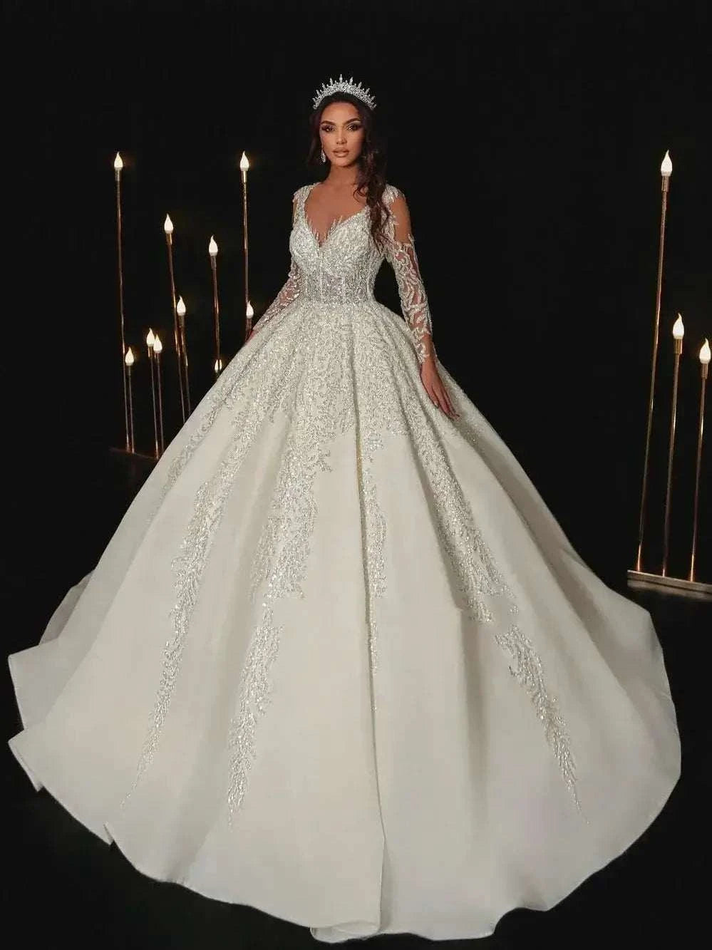 Modern Wedding Dresses white polyester A-line bridal gown with lace appliques, full sleeves, V-neckline, and sweep train