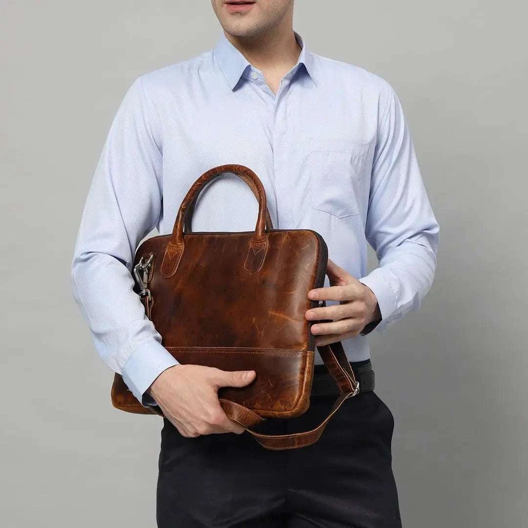 Modernist Leather Laptop Bag- Brown