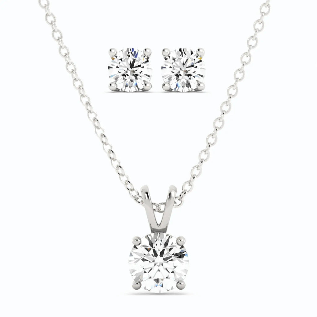 Moissanite Stud Earrings and pendant necklace set featuring round-cut white stones in 14K white gold overlay with sterling silver chain