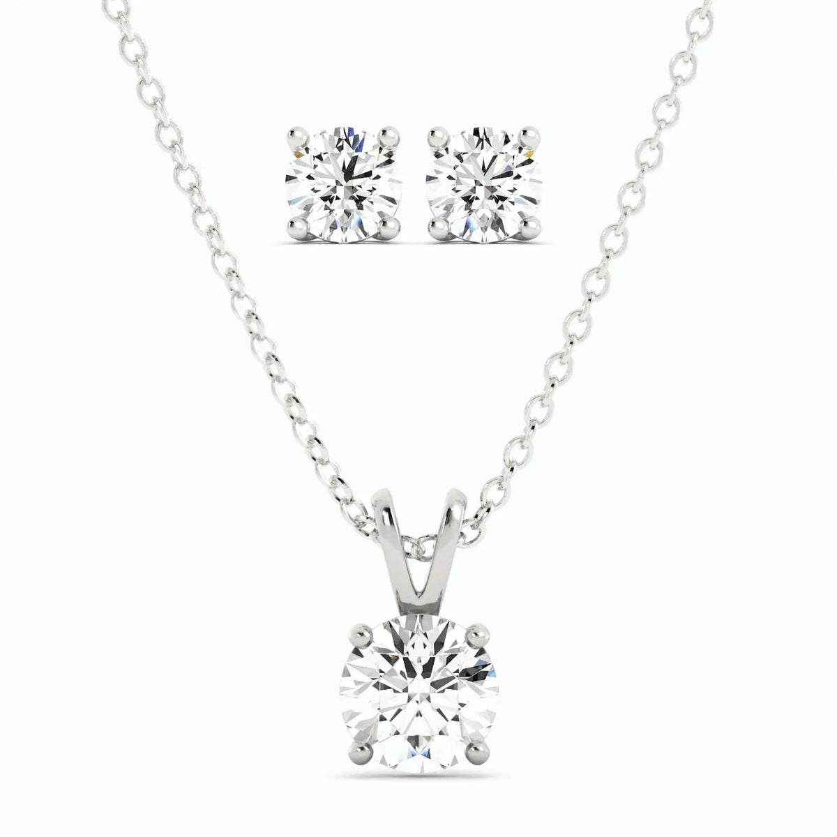 Moissanite Stud Earrings and pendant necklace set featuring round-cut white stones in 14K white gold overlay with sterling silver chain