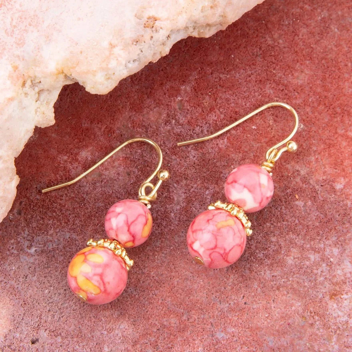 Mottled Pink Jade Golden Drop Earrings - Maven Couture IncEarrings
