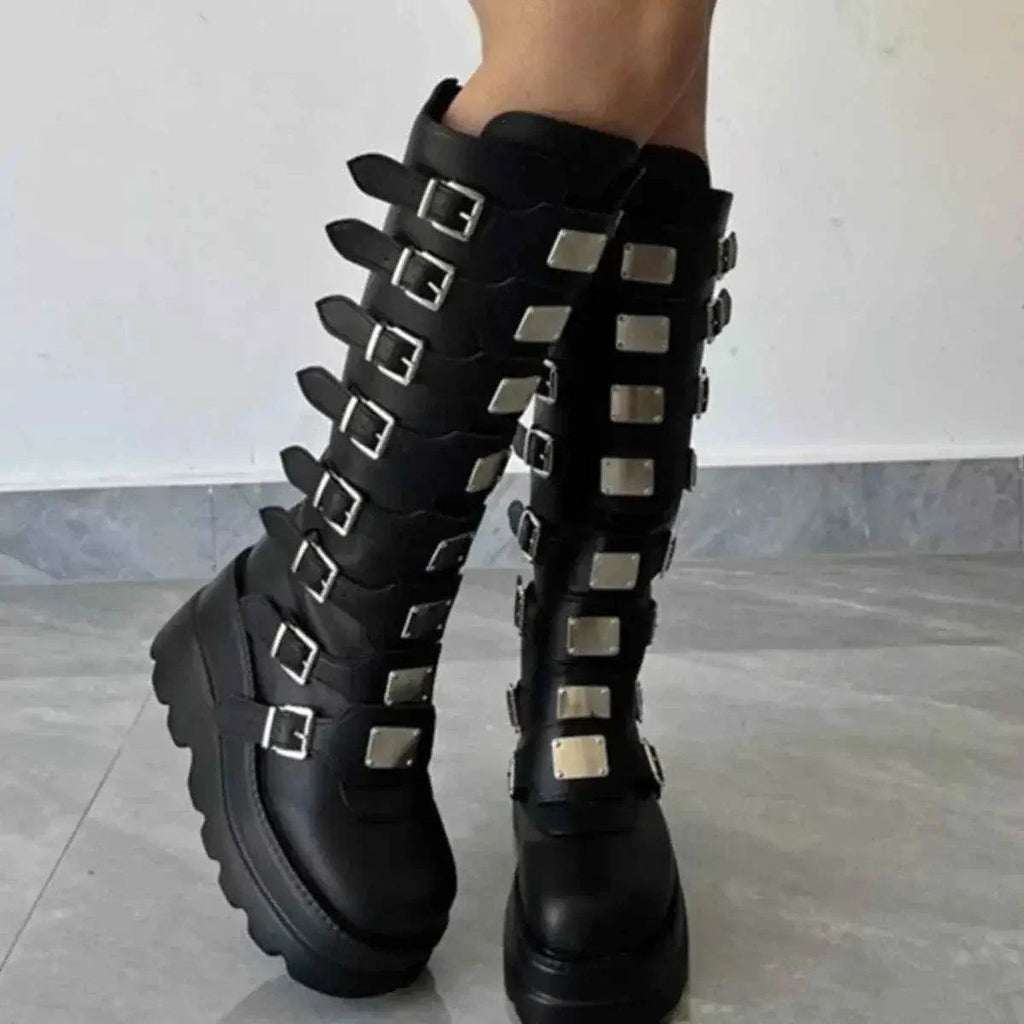 Multi-Buckle Platform Boots in black PU leather with high chunky soles, featuring multiple silver buckles and straps on knee-high design.