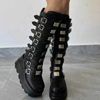 Multi-Buckle Platform Boots in black PU leather with high chunky soles, featuring multiple silver buckles and straps on knee-high design.