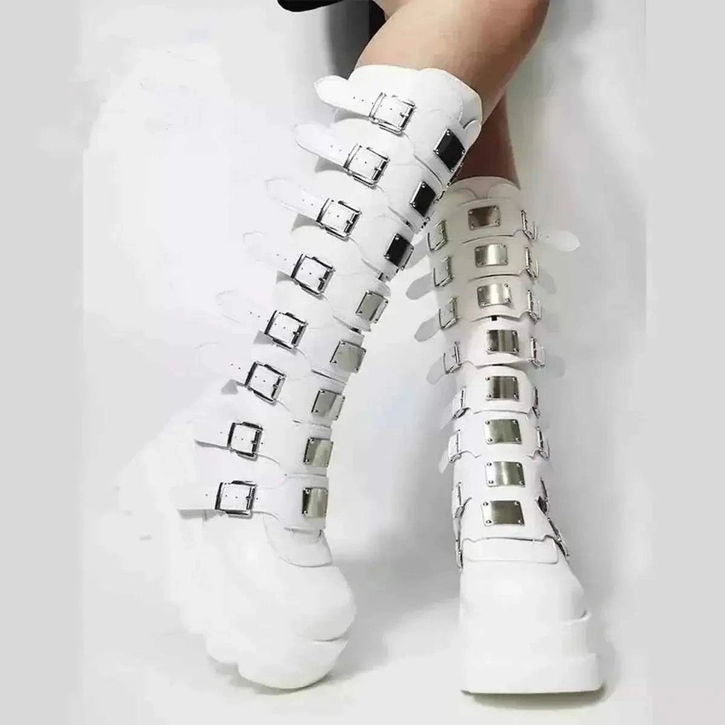 White PU leather knee-high Multi-Buckle Platform Boots with multiple silver-tone buckles and chunky high rubber soles
