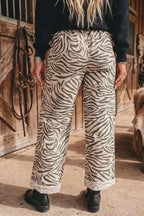 Multicolour Western Print zebra pattern elastic waist pocket pants in beige and brown polyester with cuffed hems