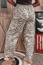 Multicolour Western Print zebra pattern elastic waist pocket pants made of lightweight fabric with drawstring detail