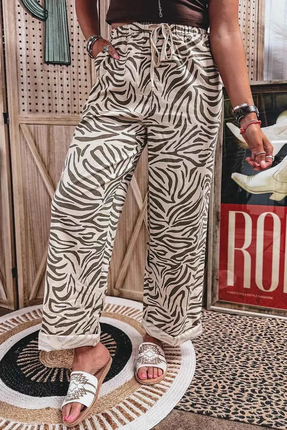 Multicolour Western Print zebra pattern elastic waist pants with drawstring and pockets, relaxed fit in neutral tones