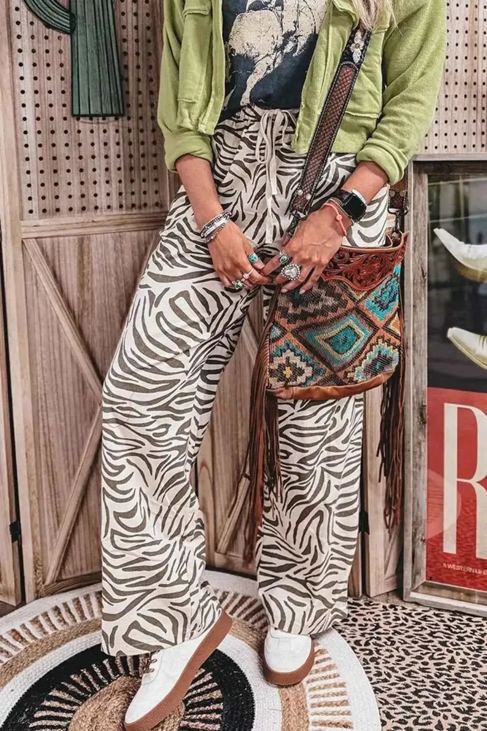 Multicolour Western Print zebra pattern elastic waist pants with pockets and drawstring in white and black tone