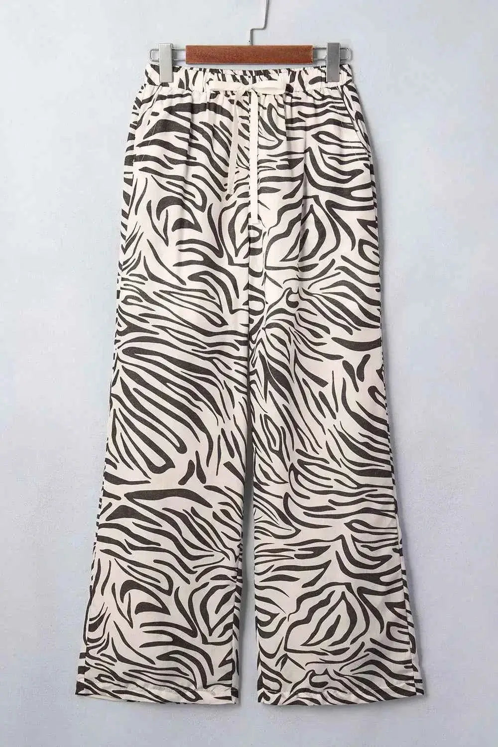 Multicolour Western Print zebra pattern elastic waist pants with drawstring and pockets, made of polyester fabric