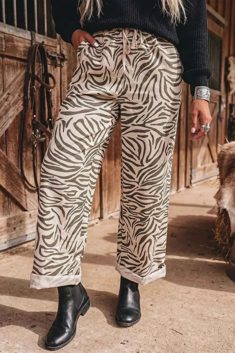 Multicolour Western Print zebra pattern elastic waist pocket pants in beige and brown with drawstring and cuffed hems