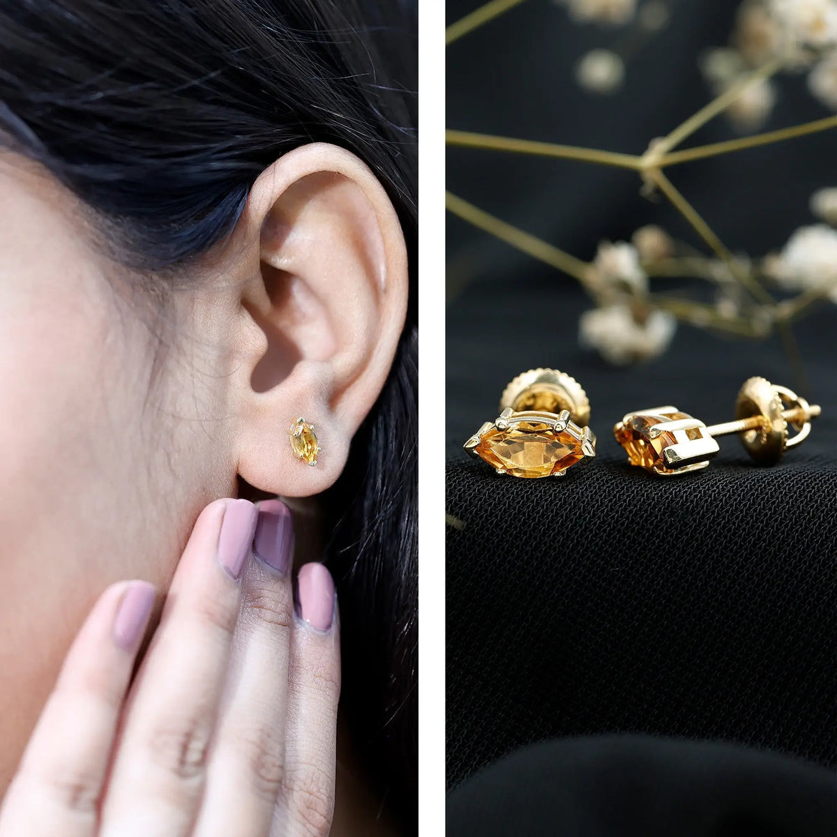 Natural 1.48 Carat Marquise Cut Citrine Stud Earrings