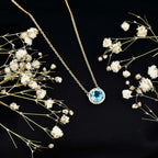Natural 1.5 Carat Swiss Blue Topaz Chain Necklace with Diamond Halo