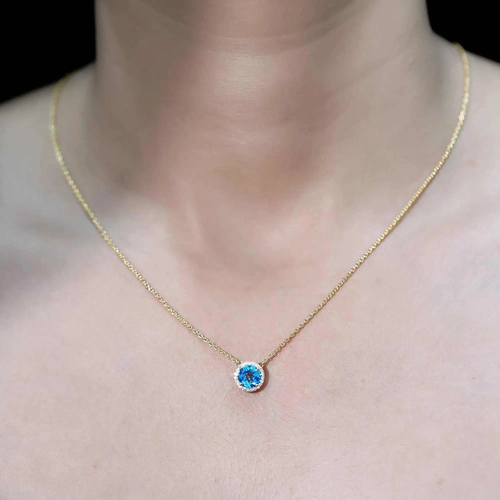 Natural 1.5 Carat Swiss Blue Topaz Chain Necklace with Diamond Halo