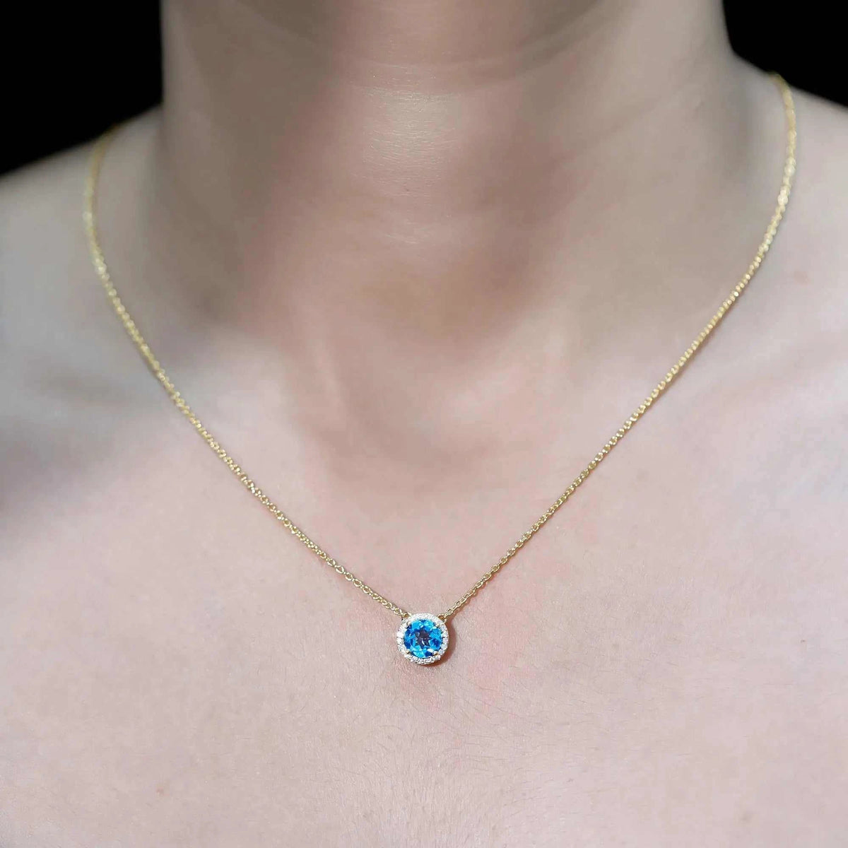 Natural 1.5 Carat Swiss Blue Topaz Chain Necklace with Diamond Halo