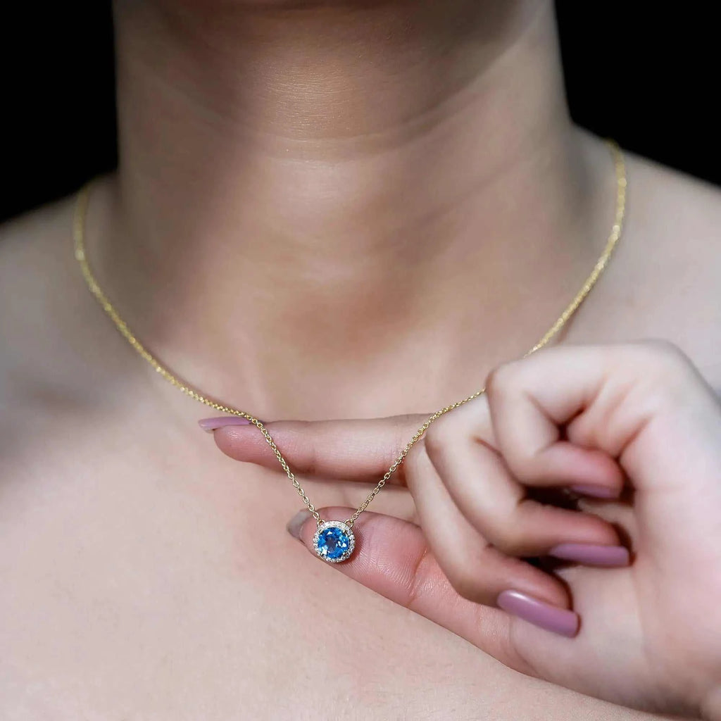 Natural 1.5 Carat Swiss Blue Topaz Chain Necklace with Diamond Halo
