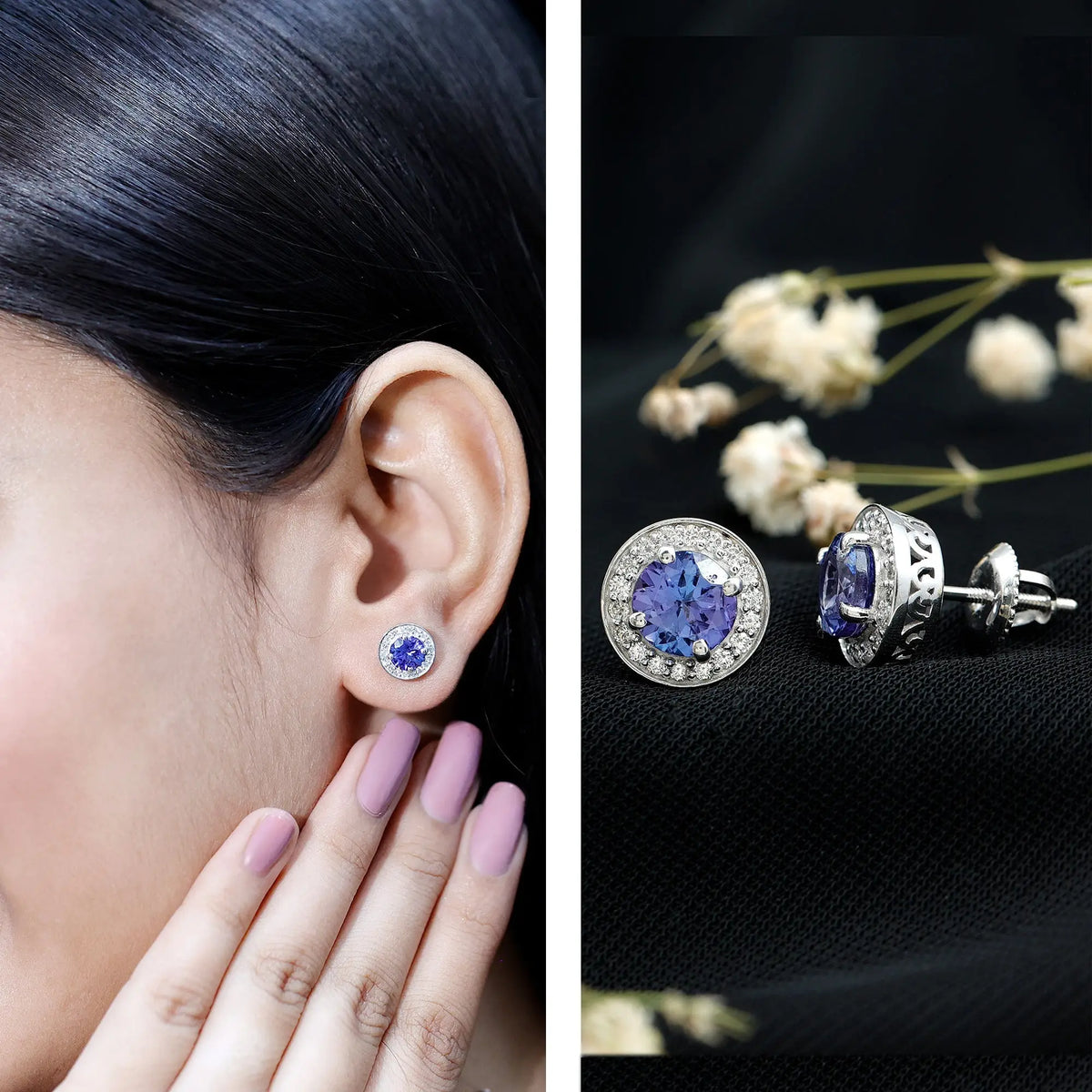 Natural 1.89 Carat Tanzanite and Diamond Stud Earrings For Women