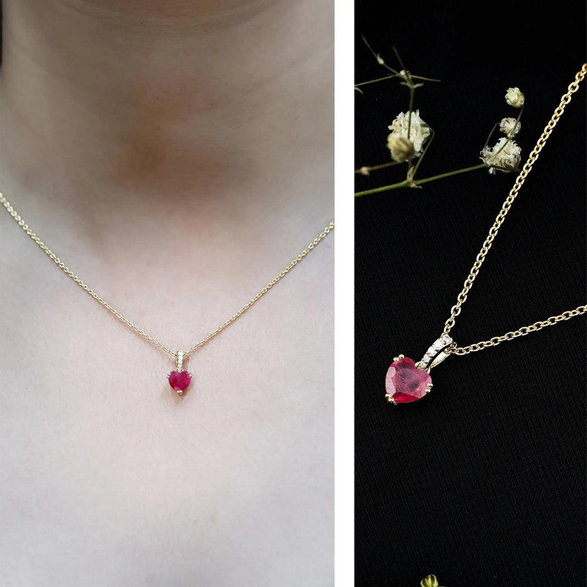 Natural 1 Carat Ruby Heart Necklace with Diamond Bail