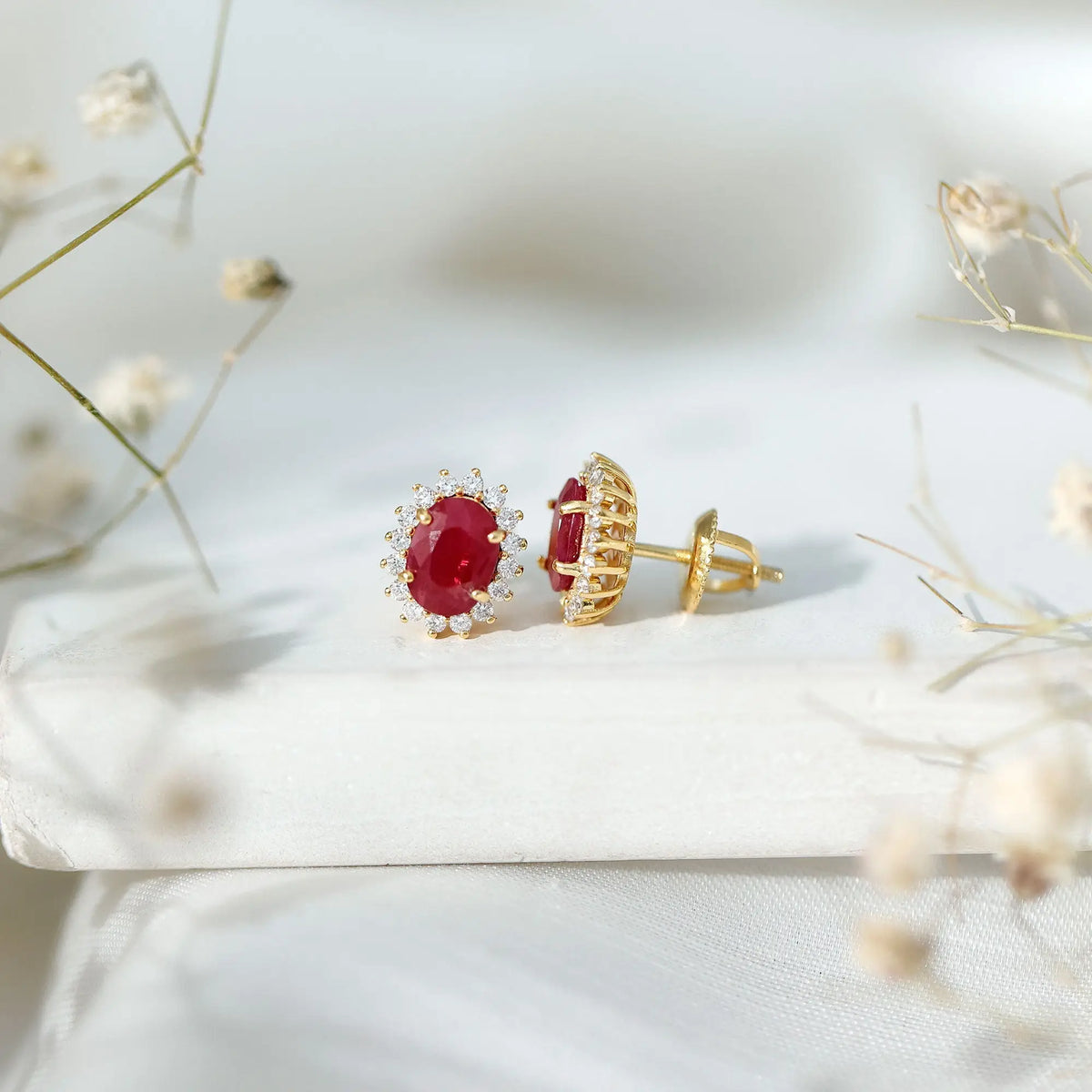 Natural 2 Carat Ruby Stud Earrings With Diamond Halo