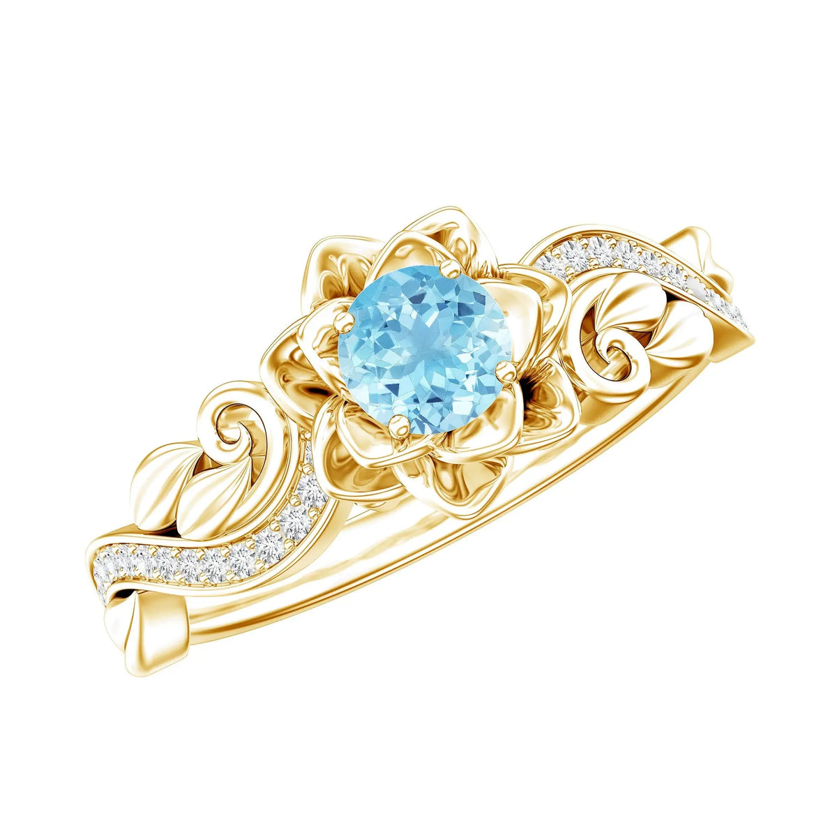 Natural Aquamarine and Diamond Flower Engagement Ring in Gold Plated Silver